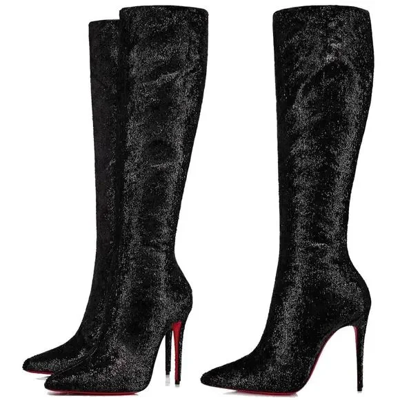 Christian Louboutin Kate Botta 100 Black Velours Papillon Knee Heel Boot 37.5 - Picture 5 of 12